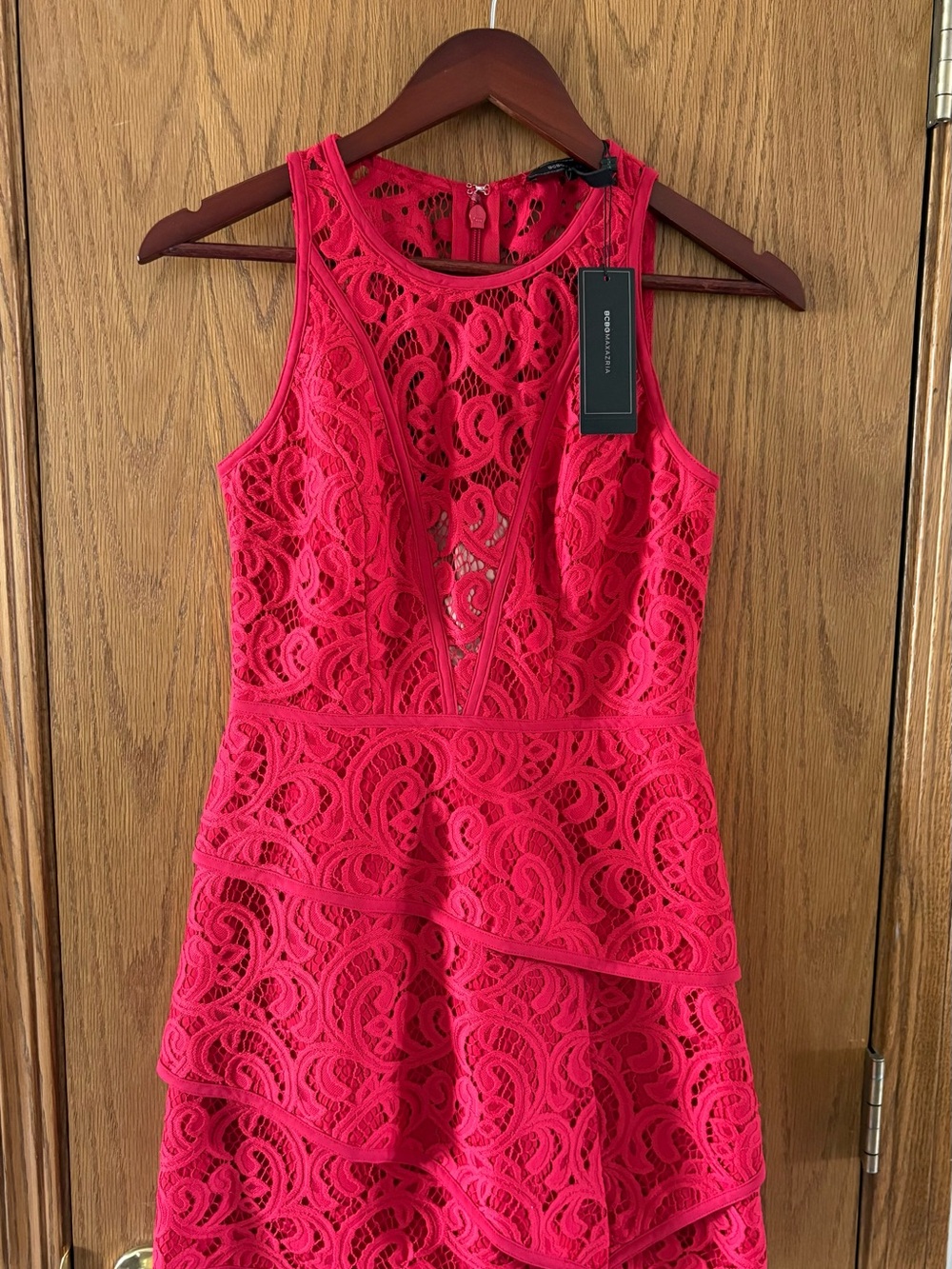 BCBG Burnt Red Hanah Formal Laced and Layered Dress